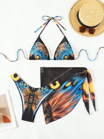 Printed Triangle Bralette High Cut Bikini Set With Beach Skirt
