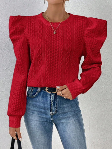 Women'S Cable Knit Sweatshirt With Leg-Of-Mutton Sleeve