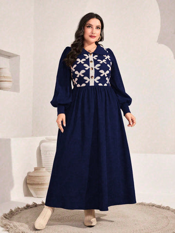 Women's Plus Size Button Detail & Floral Print Waist Cinched Dress
