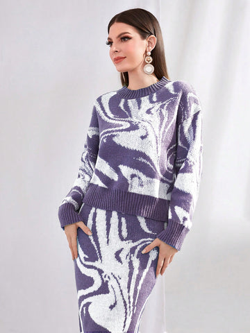 Women'S Loose Fluid Pattern Drop Shoulder Sweater And Knitted Skirt Set
