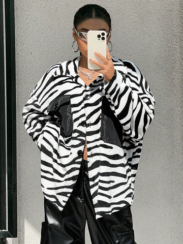 Zebra Striped Flap Pocket Drop Shoulder Flannel Coat