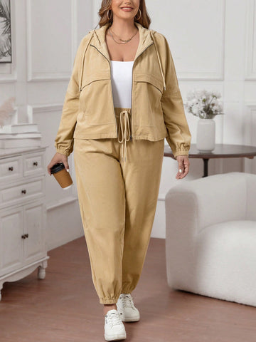 Plus Size Solid Color Hooded Sweatshirt And Pants Tracksuit In Corduroy Fabric