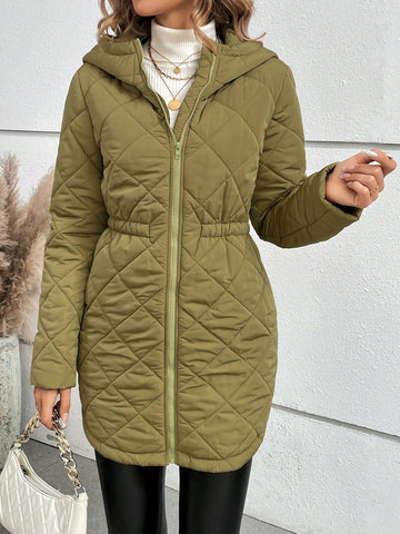 Ladies' Solid Color Hooded Padded Coat With Drawstring Waist
