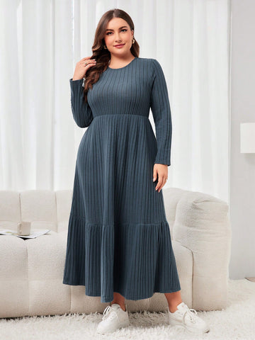 Women's Blue Round Neck Plus Size Dress
