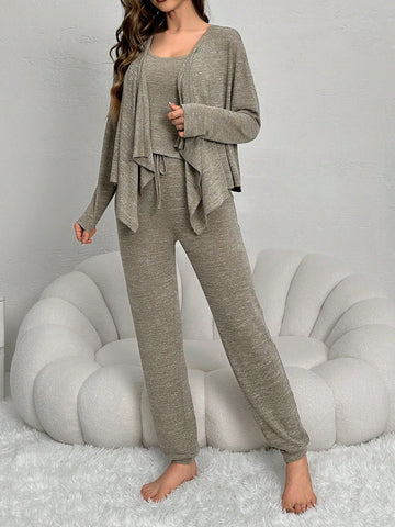 Women's Monochrome Vest, Jacket And Drawstring Long Pants Homewear Set