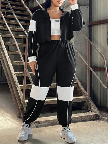 Plus Size Colorblocked Hoodie And Sweatpants Set