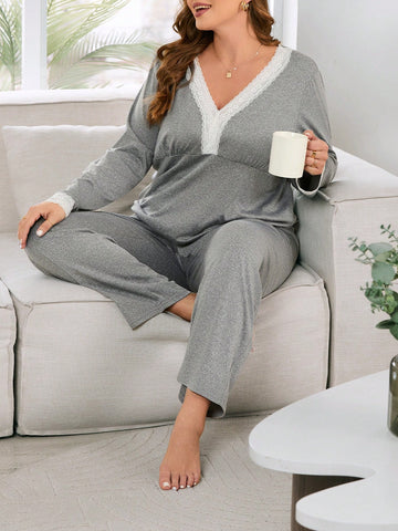 Women's Plus Size Lace Splicing Pajama Set