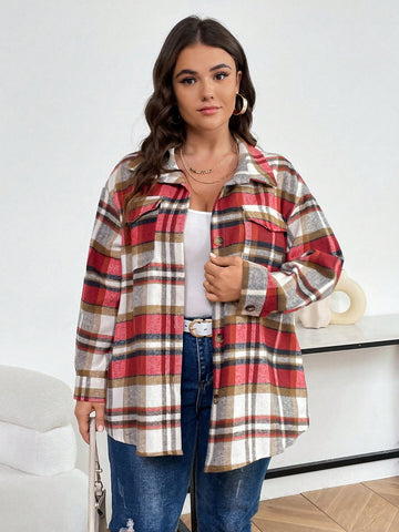 Plus Size Women's Oversized Plaid Woolen Coat With Drop Shoulder Design