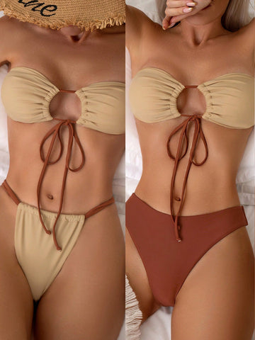 Women's Contrast Color Strapless Bandeau Bikini Set