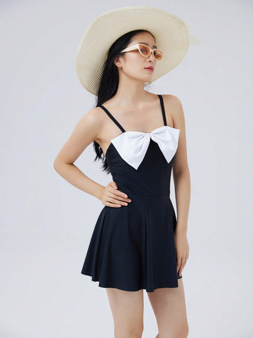 Women's One Piece Swimsuit With Bowknot Decoration And Color Blocking Design