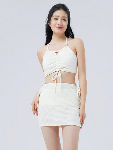 Women's White Hollow Out Swimsuit Set With Thin Shoulder Straps And Rope Ties