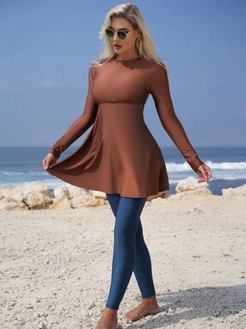 Women's Solid Color Round Neck Long Sleeve Top Swimsuit