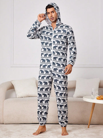 Men's Elephant Patterned Homewear Jumpsuit