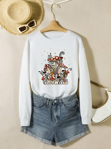Round Neck Letter And Mushroom Pattern Casual Fashion Sweatshirt
