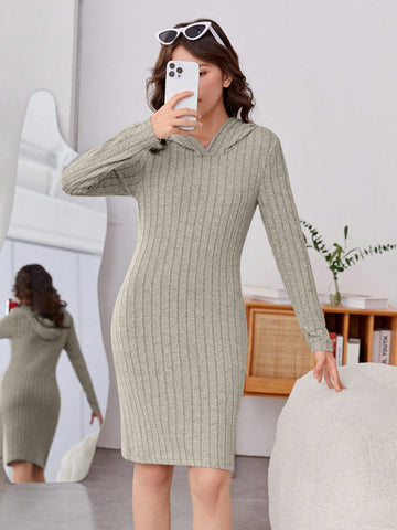 Teen Girls' Basic Plush Ribbed Hooded Bodycon Dress For Casual Wear