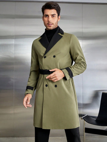 Men's Color-Blocked Lapel, Tie, Belt And Long Loose Fit Trench Coat