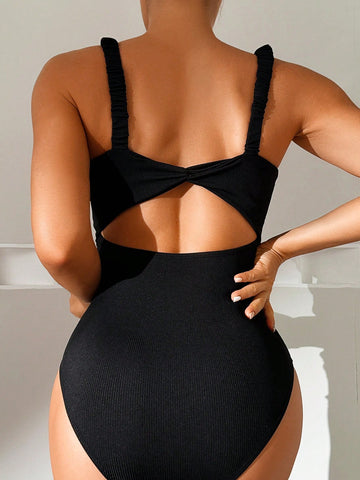 Women's Solid Color One-Piece Swimsuit With Twist Knot Design Black One Piece  Bathing Suit