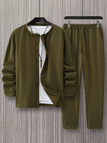 Men's Solid Color Double-breasted Jacket And Drawstring Waist Pants Set