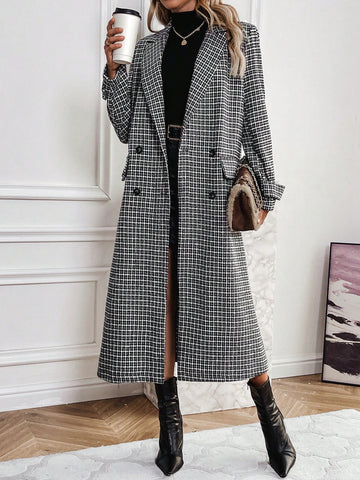 Women's Houndstooth Check Double Breasted Wool Coat