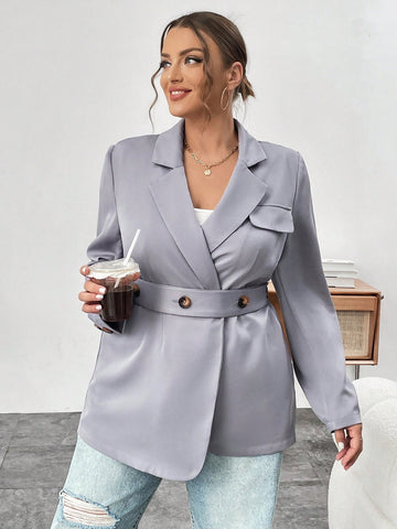 Ladies' Plus Size Double-Breasted Blazer With Lapel Collar
