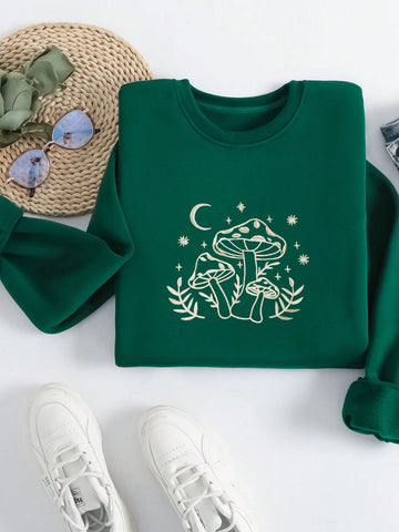 Ladies' Dark Green Mushroom Print Sweatshirt