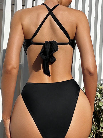 Women's High Waist Black One Piece Swimsuit With Hollow Out Design