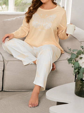 Plus Size Women's Butterfly Print Pajama Set