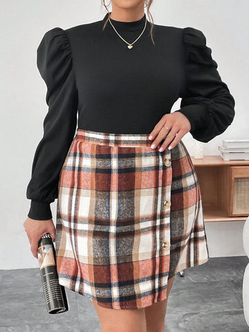 Plus Size Women'S Stand Collar Puff Sleeve Top And Plaid Skirt Two Piece Set