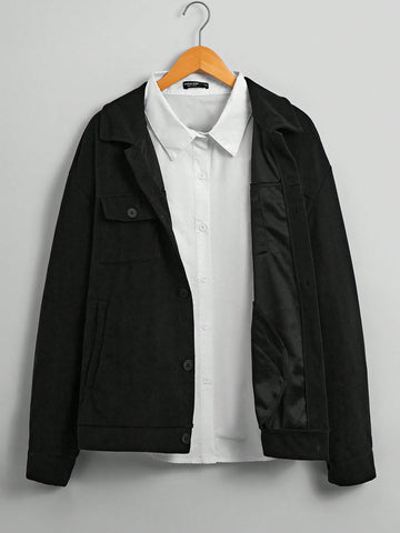 Oversized Men's Overcoat With Flap Pockets And Drop Shoulders