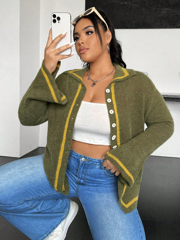 Plus Size Color Block Bell Sleeve Open Front Cardigan