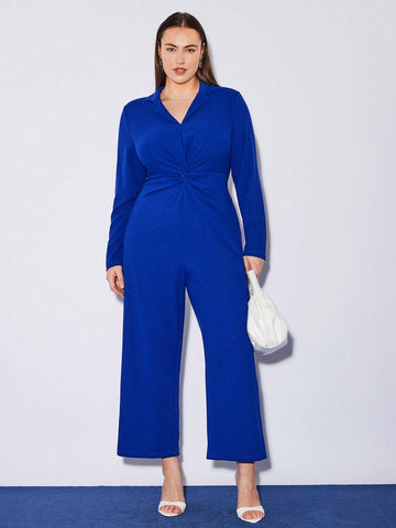 Women's Plus Size Blue V-neck Jumpsuit