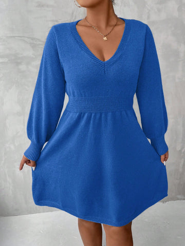 Plus Size Solid Color Lantern Sleeve Sweater Dress