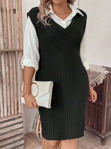 Women's Plus Size Roll-up Sleeve Shirt And Solid Color Sweater Vest Dress 2pcs Outfit