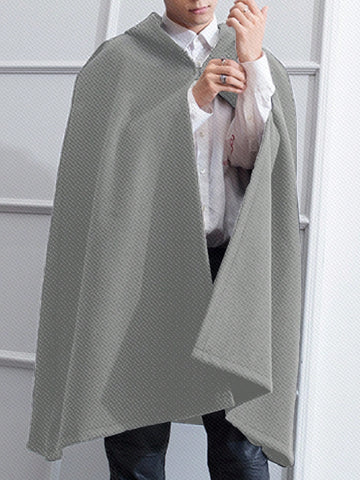 Loose Fit Men's Solid Color Hooded Cloak Thick Woolen Coat