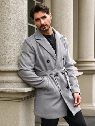 Men's Wool Blend Double-Breasted Coat With Belt