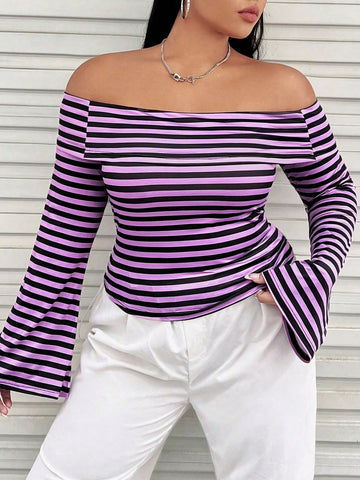 Plus Striped Off Shoulder Flare Sleeve Tee