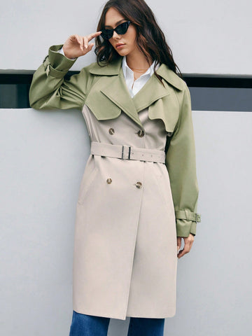 Women's Color Block Lapel Collar Double-breasted Trench Coat