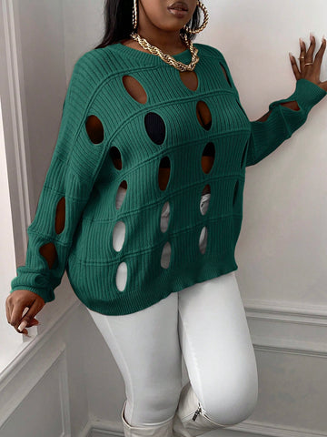 Plus Size Long Sleeve Hollow Out Knitted Sweater