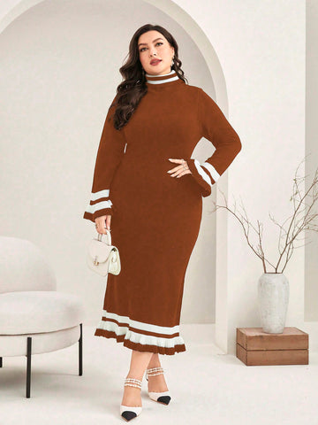 Plus Size Striped Turtleneck Sweater Dress (without Waist Belt)
