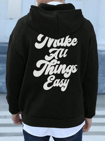 Men's Slogan Printed Drawstring Hooded Fleece Sweatshirt