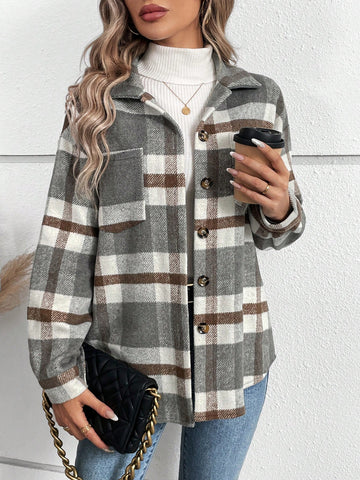Women's Plaid Wool Blend Coat With Turn-down Collar
