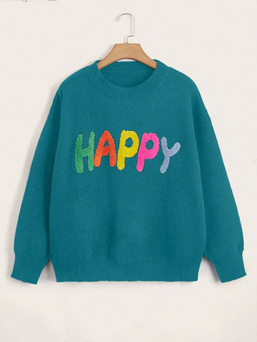 Plus Size Women's Colorful Letter Embroidered Long Sleeve Sweater With Towel Detail And Round Neckline
