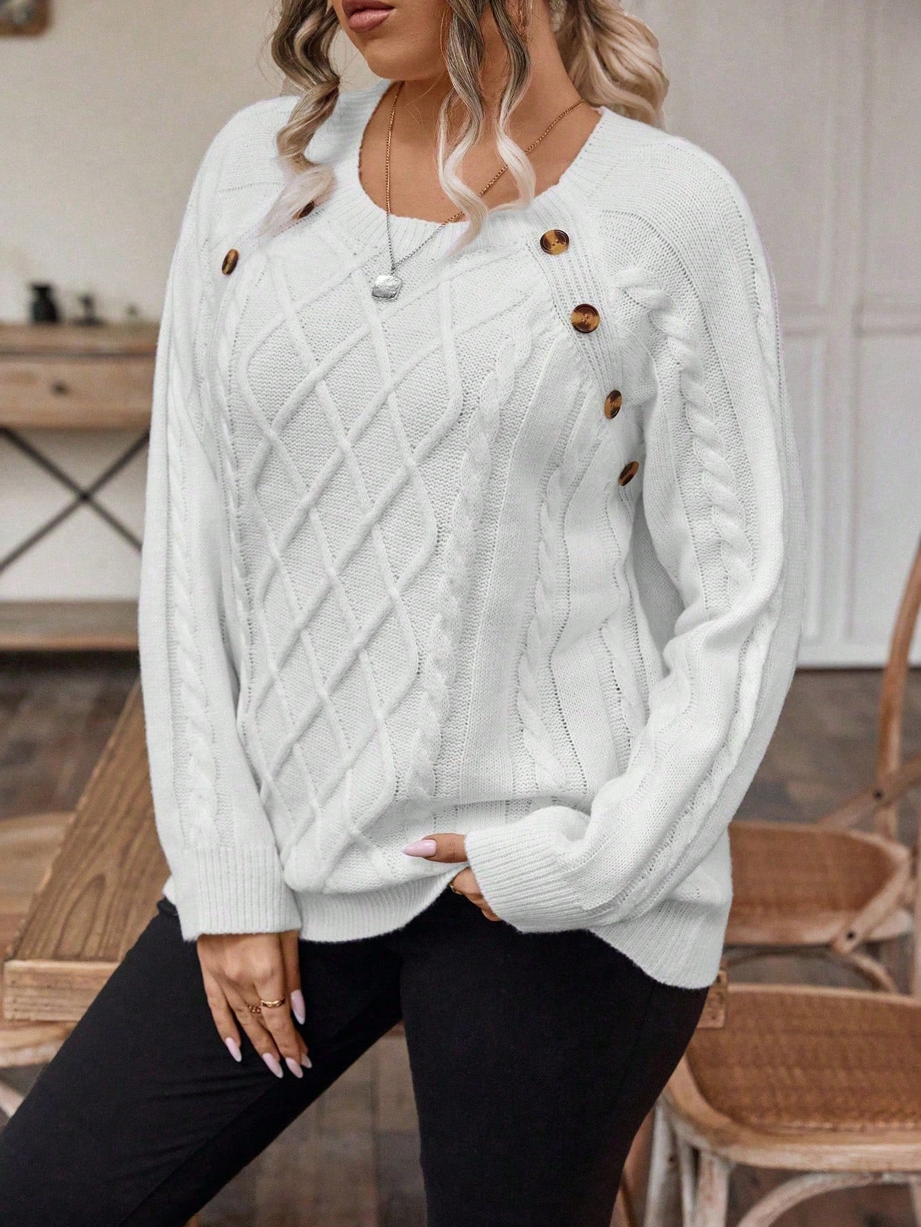 Plus Size Buttoned Cable Ribbed Solid Color Sweater