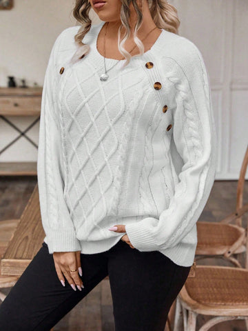 Plus Size Buttoned Cable Ribbed Solid Color Sweater