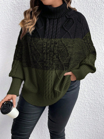 Women's Plus Size Color Block High Neck Batwing Sleeve Sweater