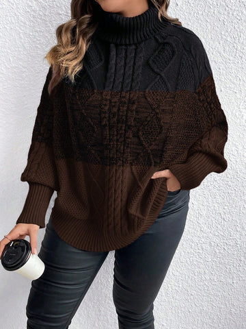 Women's Plus Size Color-block High Neck Batwing Sleeve Sweater