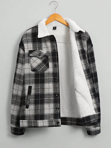 Loose Men's Plaid Print Borg Collar Overcoat With Flap Pockets