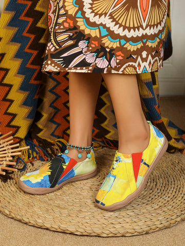 Women's Stylish Painted Sun Pattern Outdoor Slip-on Loafers