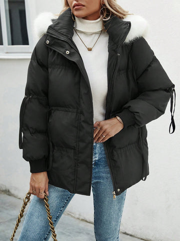 Drawstring Waist Hooded Padded Jacket With Patchwork
