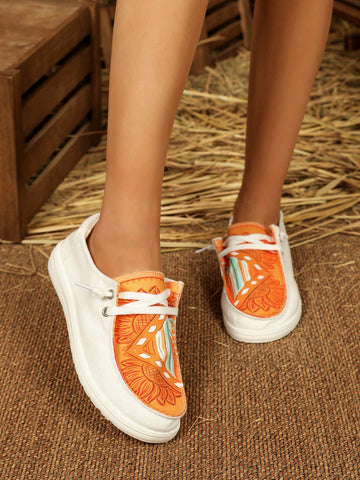 White And Orange Flower & Geometric Pattern Flat Shoes
